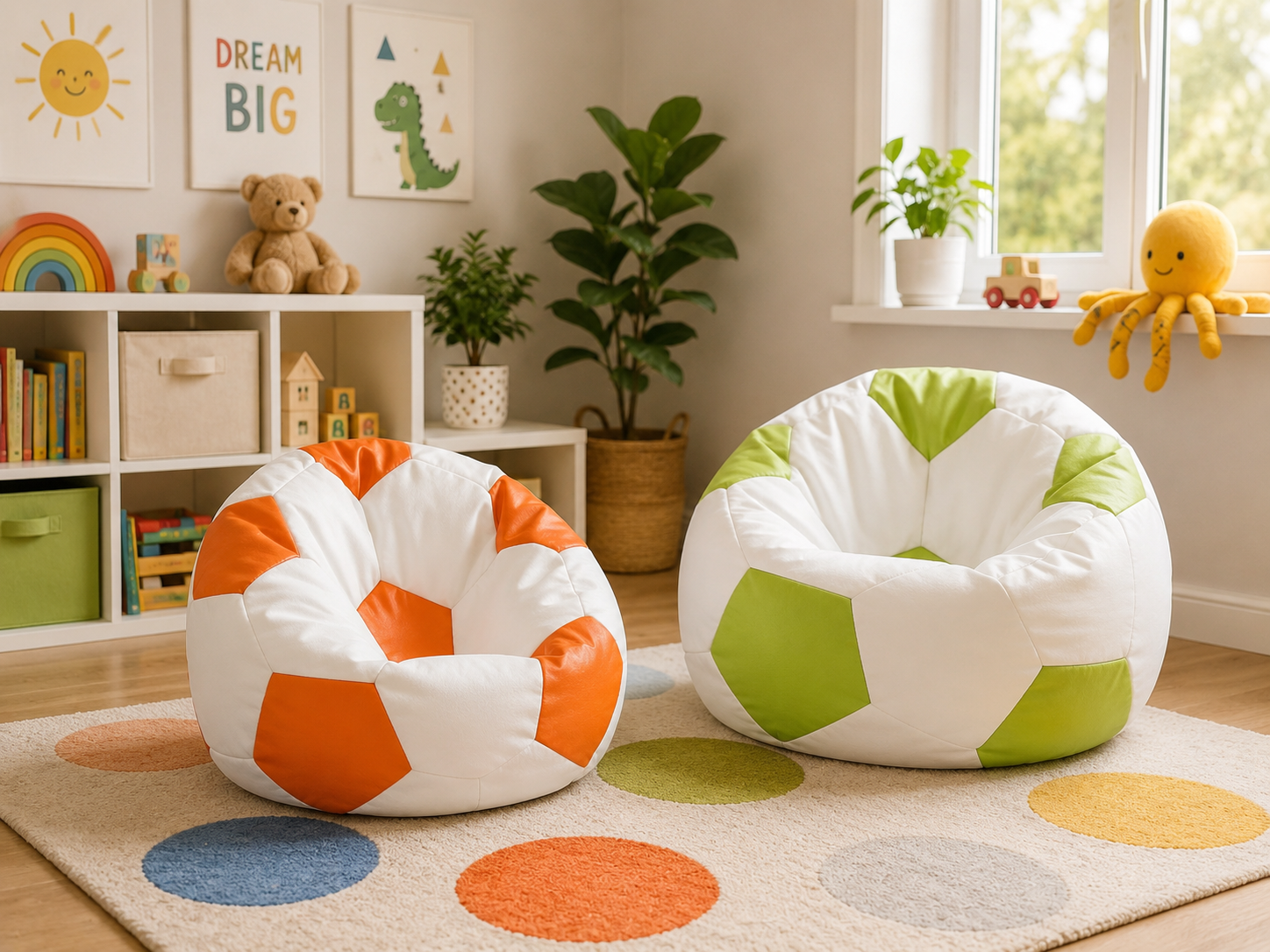 Set 2 sedacích vakov Sport L ekokoža oranžový a zelený do detskej izby